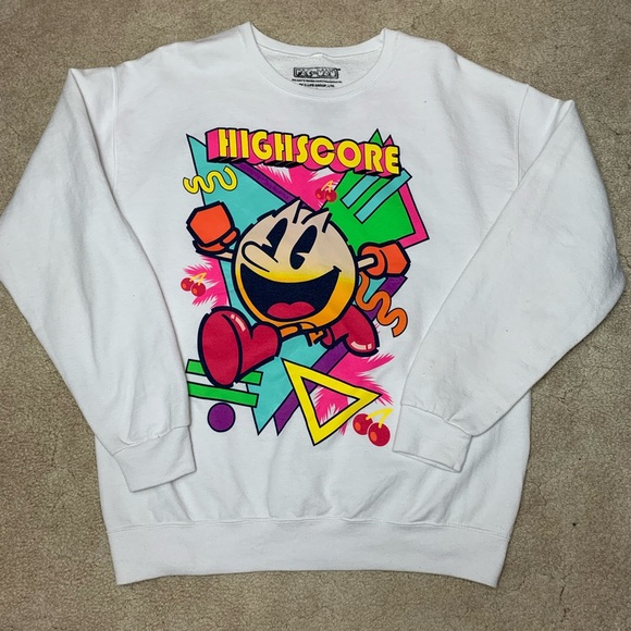 Pac-Man C-Life Sweater Men's Size L White Graphic "High Score" Namco Pac-Man - Picture 1 of 8